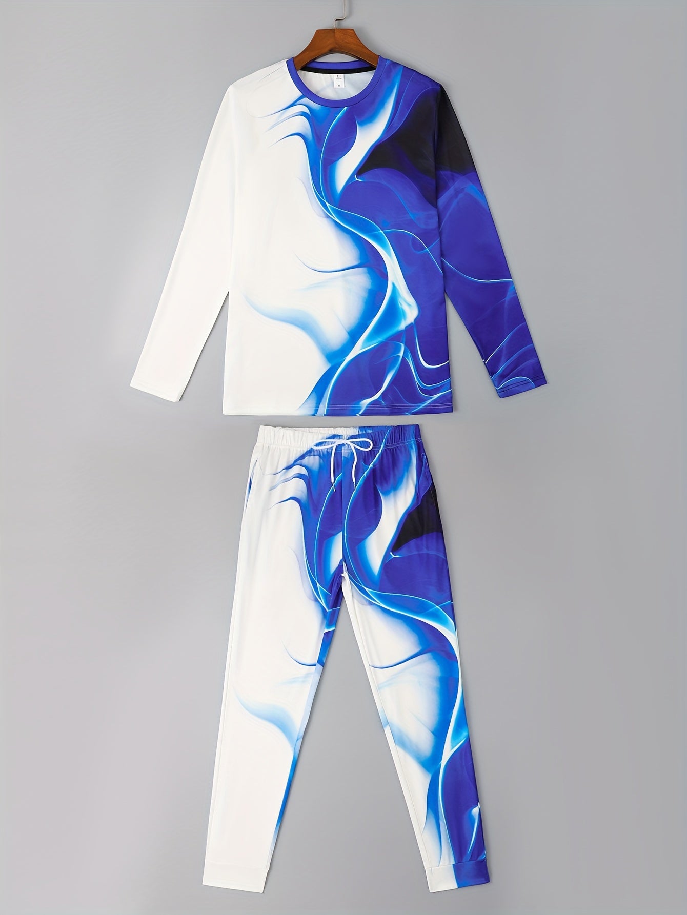 Black & White Men's 2Pcs Outfits, Casual Crew Neck Long Sleeve T-shirt And Drawstring Sweatpants Joggers Set For Winter Fall, Men's Clothing - Lena & Miles Exquisite Boutique LLC.