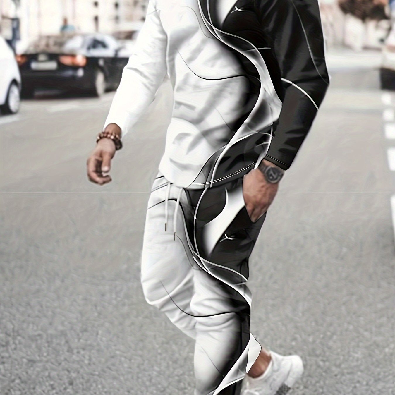 Black & White Men's 2Pcs Outfits, Casual Crew Neck Long Sleeve T-shirt And Drawstring Sweatpants Joggers Set For Winter Fall, Men's Clothing - Lena & Miles Exquisite Boutique LLC.