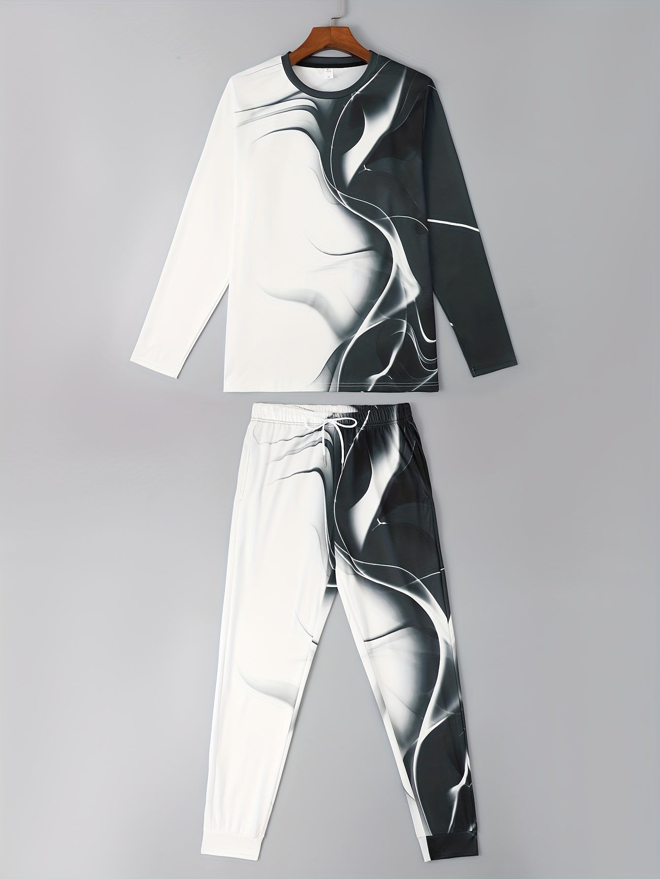 Black & White Men's 2Pcs Outfits, Casual Crew Neck Long Sleeve T-shirt And Drawstring Sweatpants Joggers Set For Winter Fall, Men's Clothing - Lena & Miles Exquisite Boutique LLC.