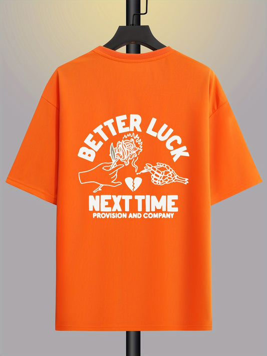 BETTER LUCK Graphic Print Men's Creative Top, Casual And Comfy Short Sleeve Crew Neck T-shirt, Men's Clothing For Summer Outdoor - Lena & Miles Exquisite Boutique LLC.